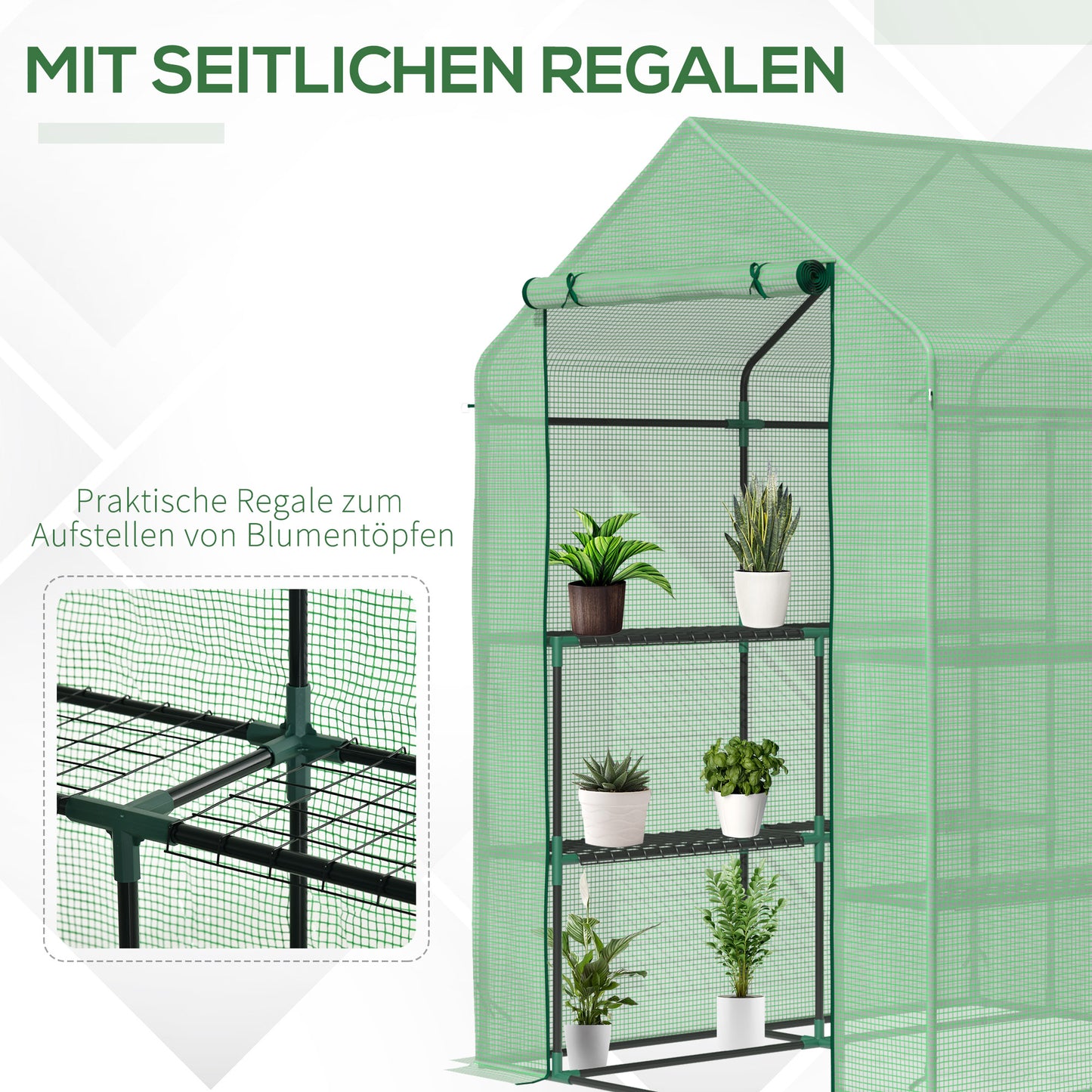 Walk-in greenhouse with 8 shelves for tomatoes, steel & PE plastic, green, with door for optimal plant care