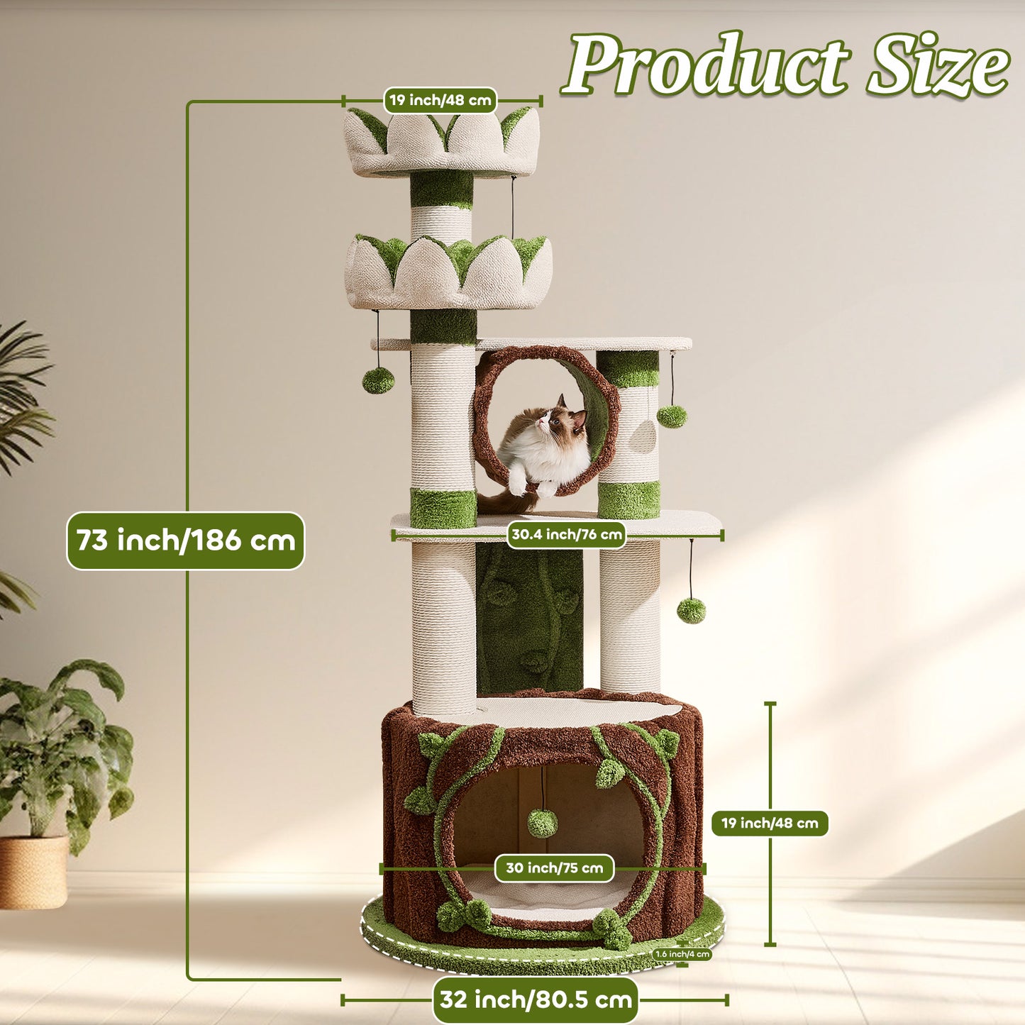 73" Deluxe Lotus Cat Tree for Indoor Adult Cats up to 20 lbs, XXL Heavy Duty Base Cat Furniture with Large Apartment, Bed, Tunnel, Scratching Post, Large Platform