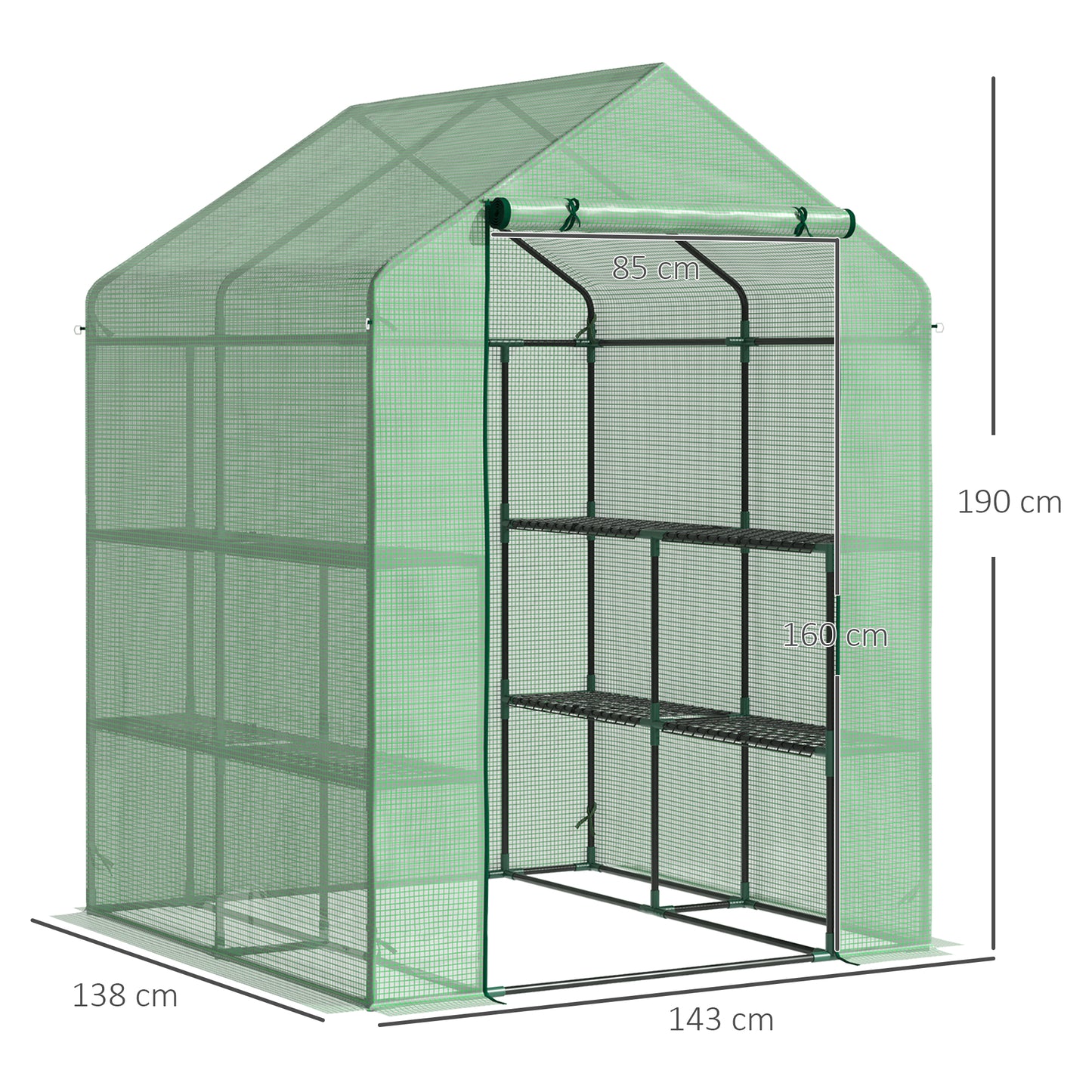 Walk-in greenhouse with 8 shelves for tomatoes, steel & PE plastic, green, with door for optimal plant care
