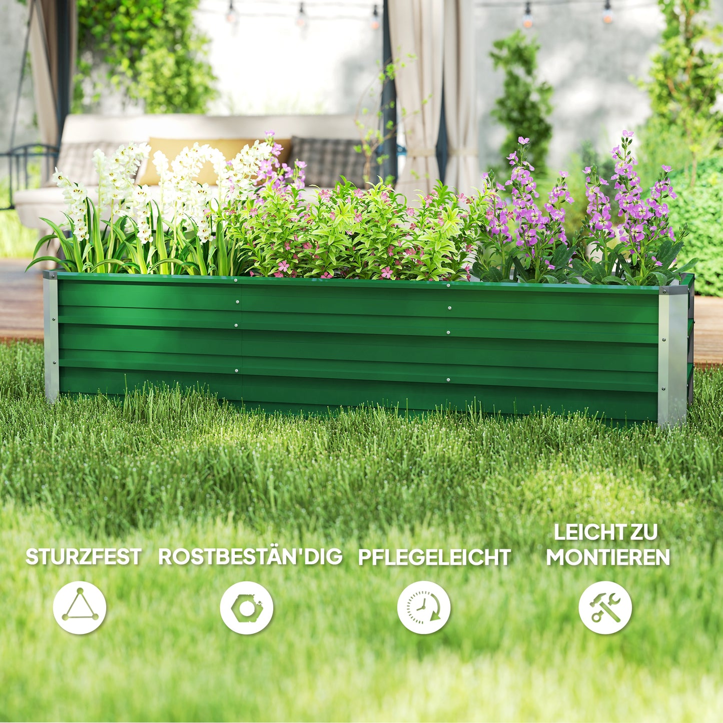 Garden bed planter box made of steel 183 x 47 x 40 cm with gloves, green, for vegetables and flowers