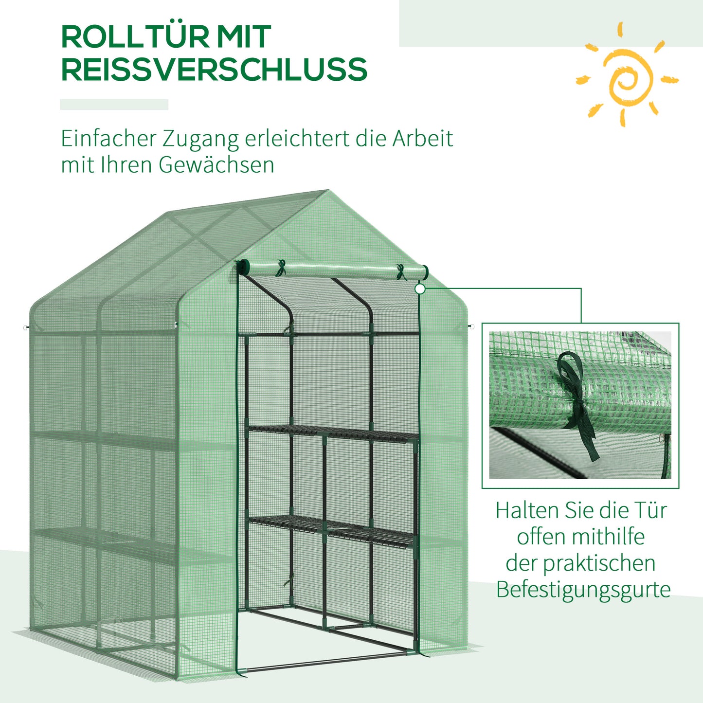 Walk-in greenhouse with 8 shelves for tomatoes, steel & PE plastic, green, with door for optimal plant care