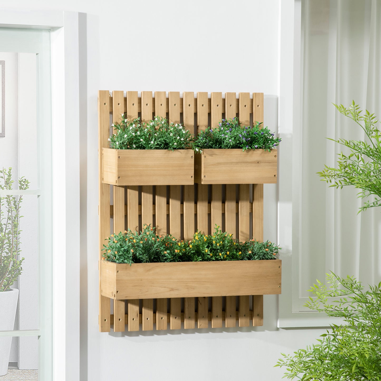 Flower box with trellis, movable raised bed made of solid wood, 60 x 16 x 80 cm, perfect for terraces and balconies, natural color