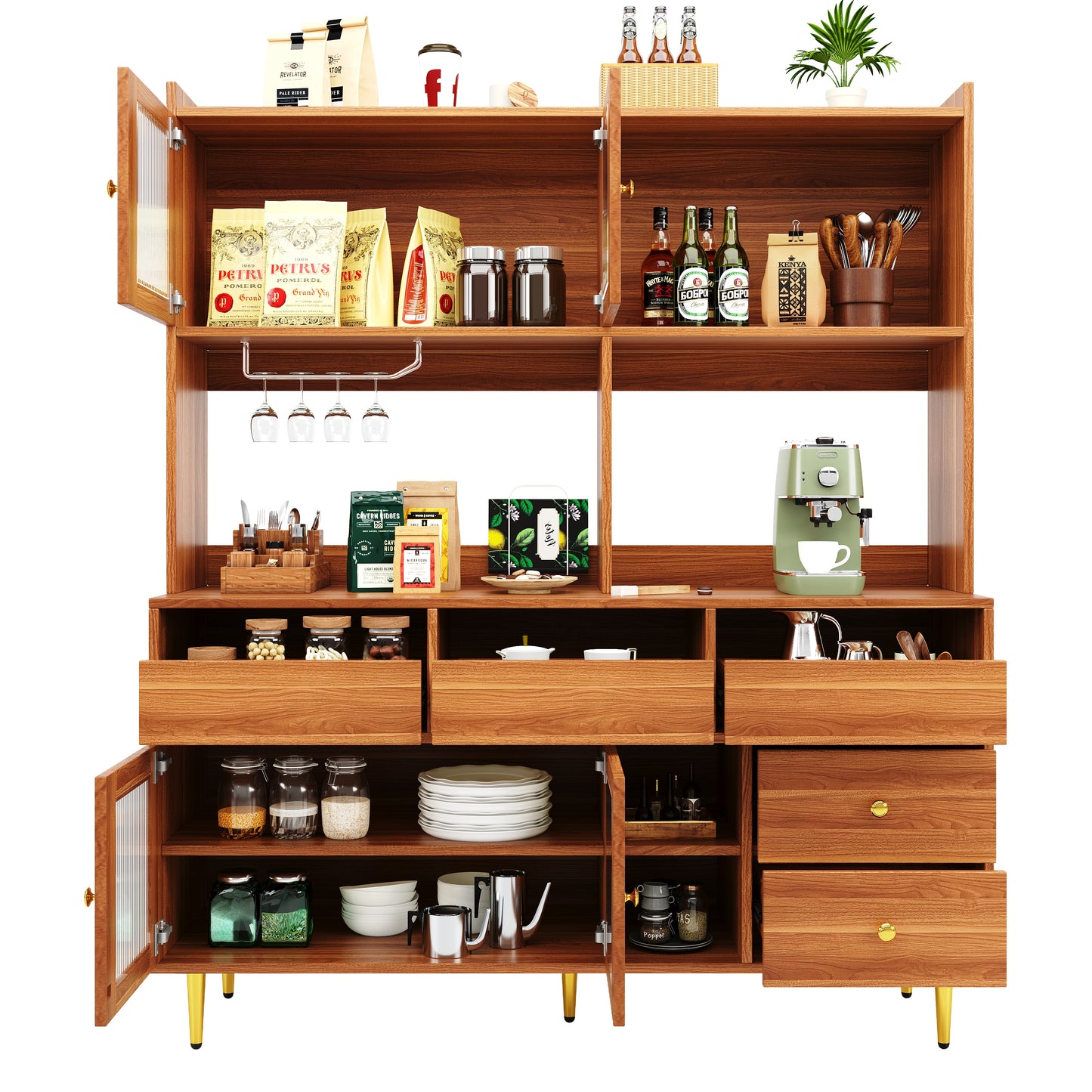 Restaurant Tall Cabinet with Changhong Glass Door, Wine Glass Rack, and Multi-Layer Storage (145x39x171cm)