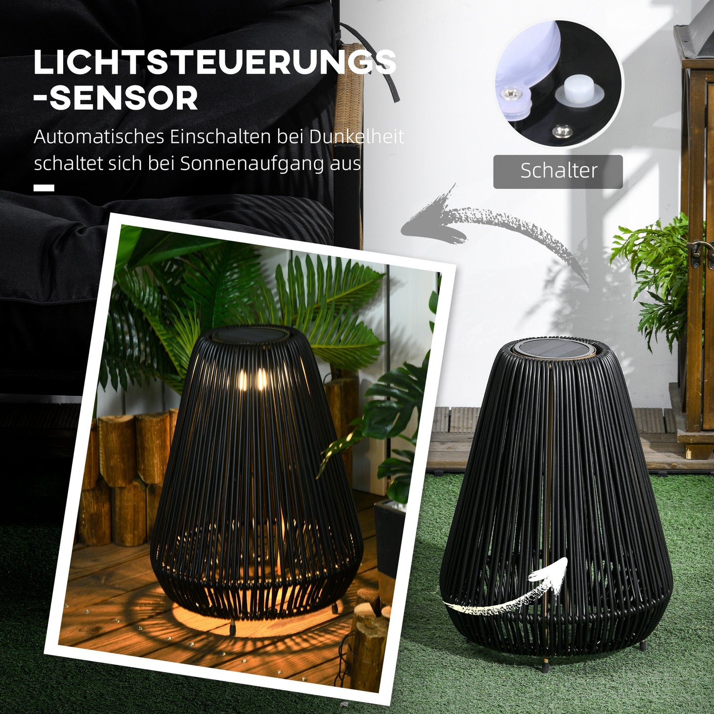 Solar Light Rattan Waterproof Street Light with Light Sensor, Automatic LED Garden Light, Outdoor Light, Black, Metal