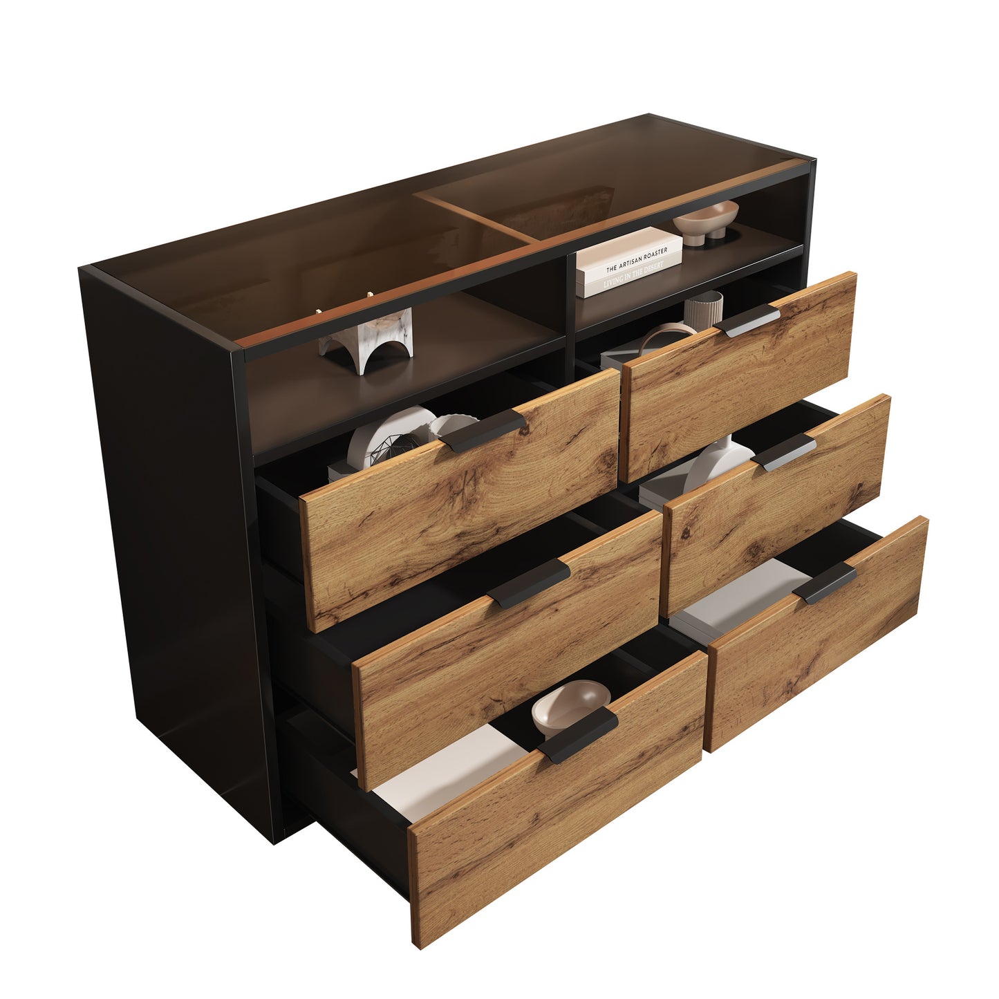Amber Glass Metal Handle Sideboard-6 Drawers, 2 Compartments, Oak Finish