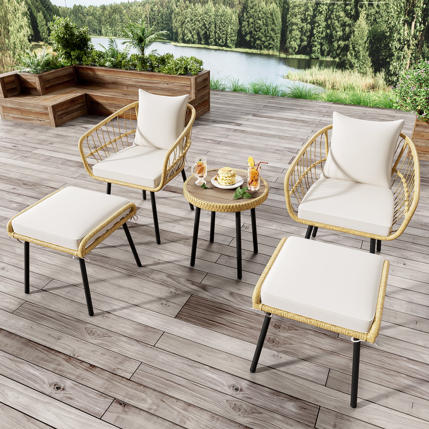 5-piece garden lounge set, including 1 dining table, 2 chairs, 2 stools, furniture, rattan, natural