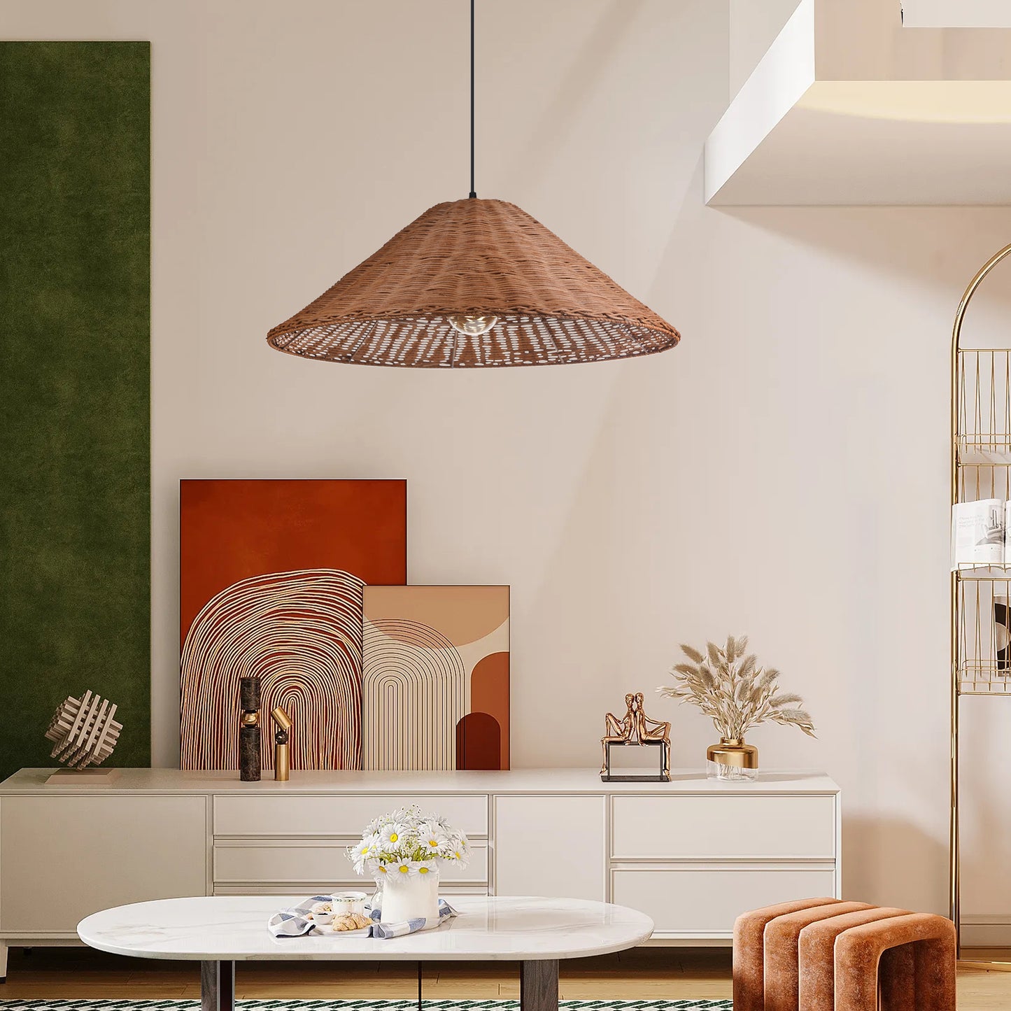 (Q) 23.6 Inch Hand Woven Rattan Pendant Light, Farmhouse Retro Style Umbrella Shaped Rattan Pendant Light, Suitable For Bedroom Craft Rooms