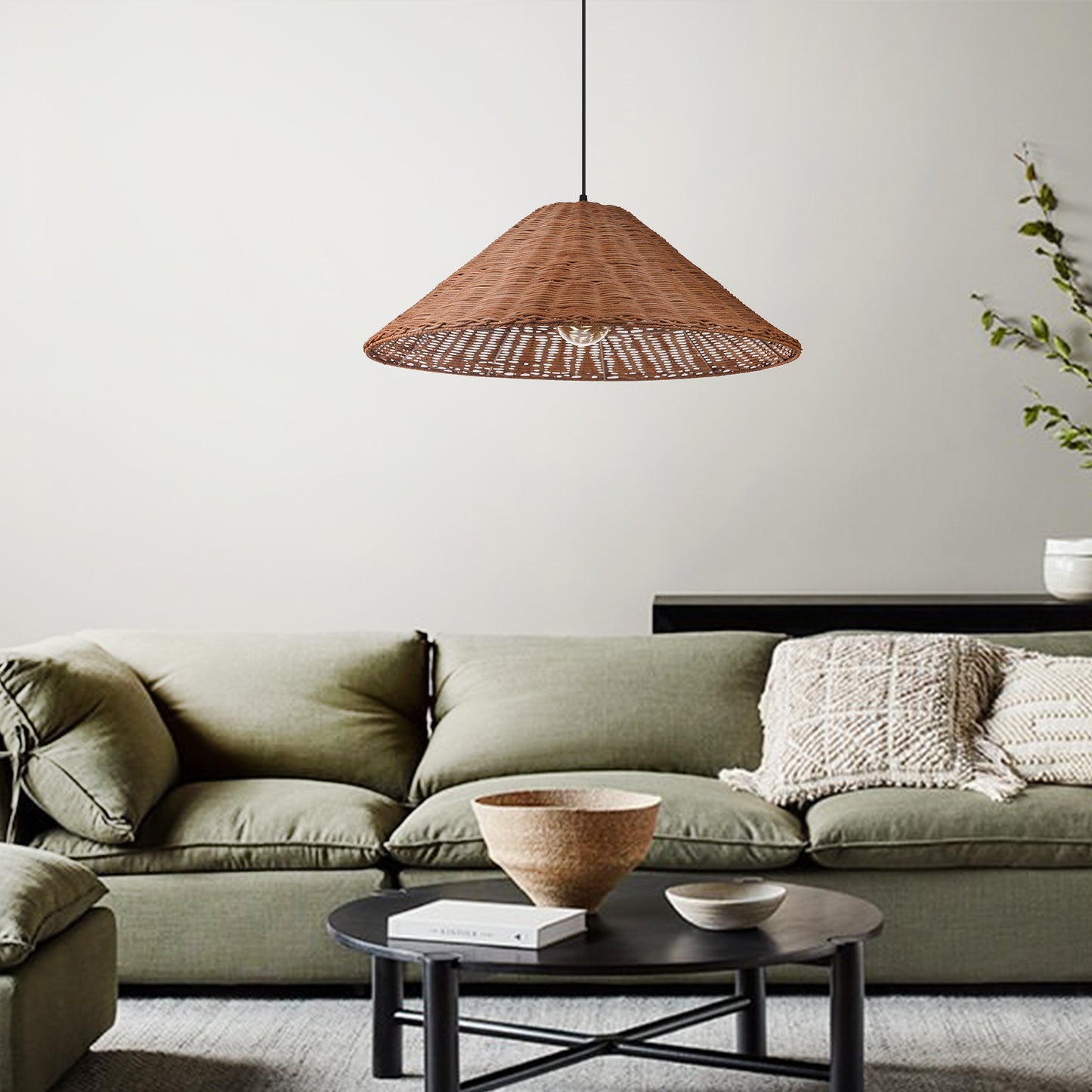 (Q) 23.6 Inch Hand Woven Rattan Pendant Light, Farmhouse Retro Style Umbrella Shaped Rattan Pendant Light, Suitable For Bedroom Craft Rooms