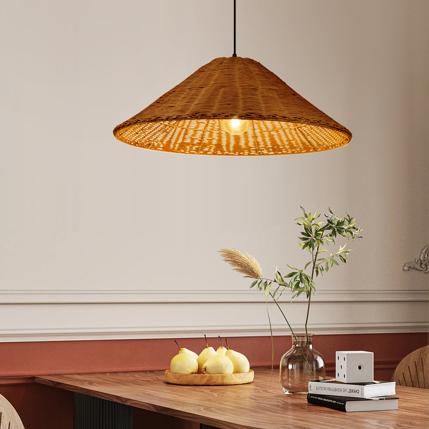 (Q) 23.6 Inch Hand Woven Rattan Pendant Light, Farmhouse Retro Style Umbrella Shaped Rattan Pendant Light, Suitable For Bedroom Craft Rooms