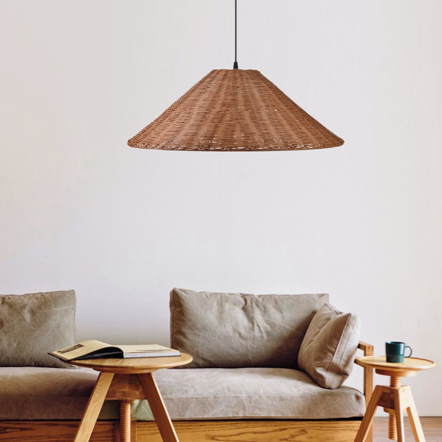 (Q) 23.6 Inch Hand Woven Rattan Pendant Light, Farmhouse Retro Style Umbrella Shaped Rattan Pendant Light, Suitable For Bedroom Craft Rooms