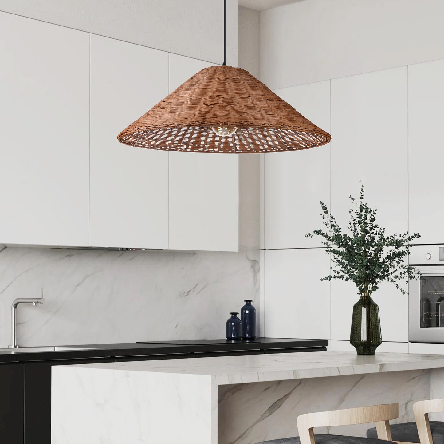 (Q) 23.6 Inch Hand Woven Rattan Pendant Light, Farmhouse Retro Style Umbrella Shaped Rattan Pendant Light, Suitable For Bedroom Craft Rooms
