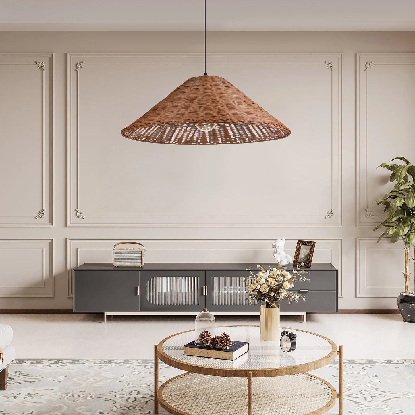 (Q) 23.6 Inch Hand Woven Rattan Pendant Light, Farmhouse Retro Style Umbrella Shaped Rattan Pendant Light, Suitable For Bedroom Craft Rooms