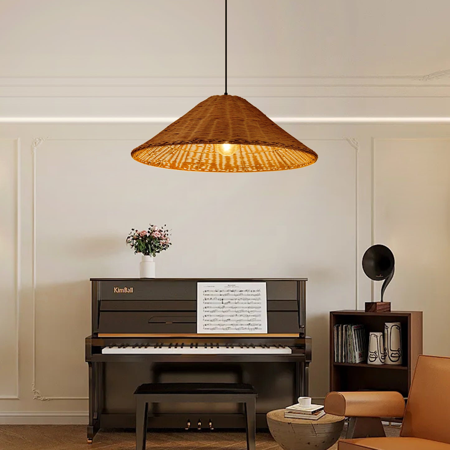 (Q) 23.6 Inch Hand Woven Rattan Pendant Light, Farmhouse Retro Style Umbrella Shaped Rattan Pendant Light, Suitable For Bedroom Craft Rooms