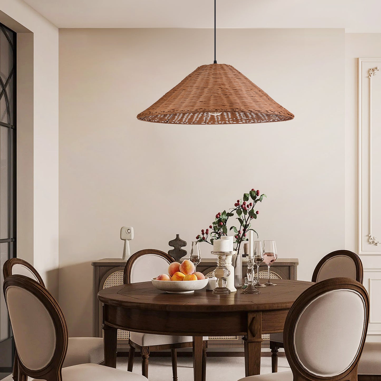 (Q) 23.6 Inch Hand Woven Rattan Pendant Light, Farmhouse Retro Style Umbrella Shaped Rattan Pendant Light, Suitable For Bedroom Craft Rooms