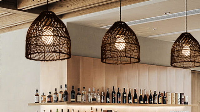 (Q)Handcrafted Rattan Decorative Pendant Light, Modern Industrial Style Black Rattan Pendant Light, Suitable for Restaurant Kitchen Islands