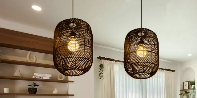 (Q)11.8 Inch Black Rattan Hand Woven Pendant Light, Bohemian Style Rattan Woven Pendant Light, Suitable for Bedrooms, Living Rooms, Kitchens