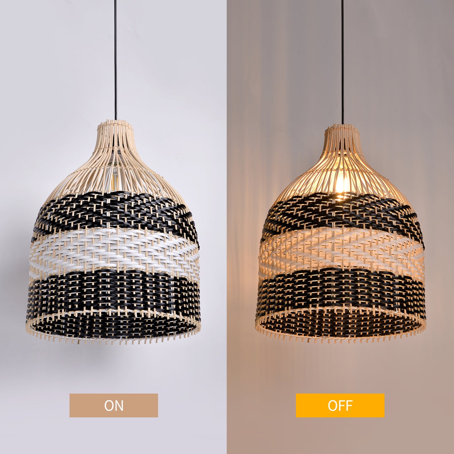 (M)ARTURESTHOME Pendant Light Fixture Black Rattan Drum Shade 1 Light Hanging Chandelier For Living Room