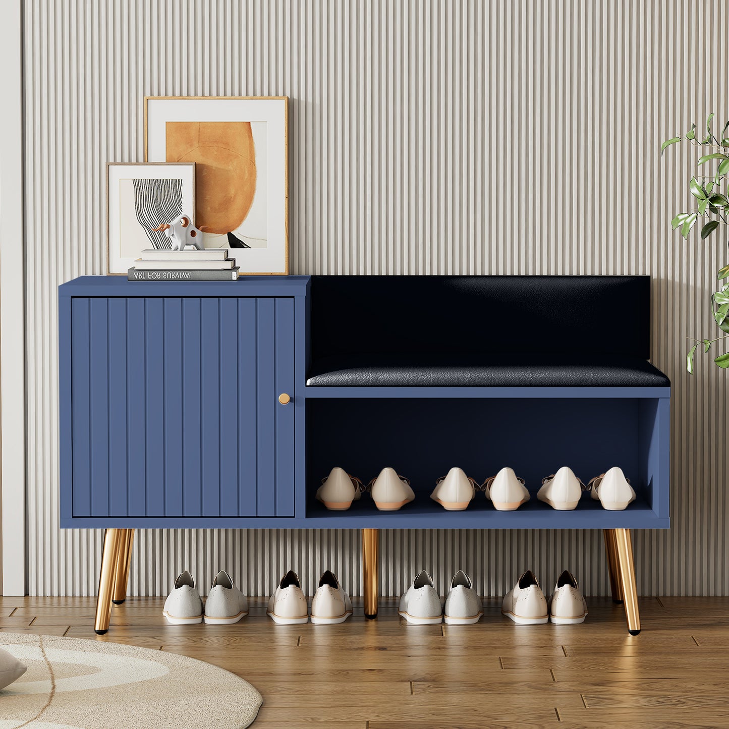 Luxurious Blue Shoe Chest with Padded Bench and Metal Accents