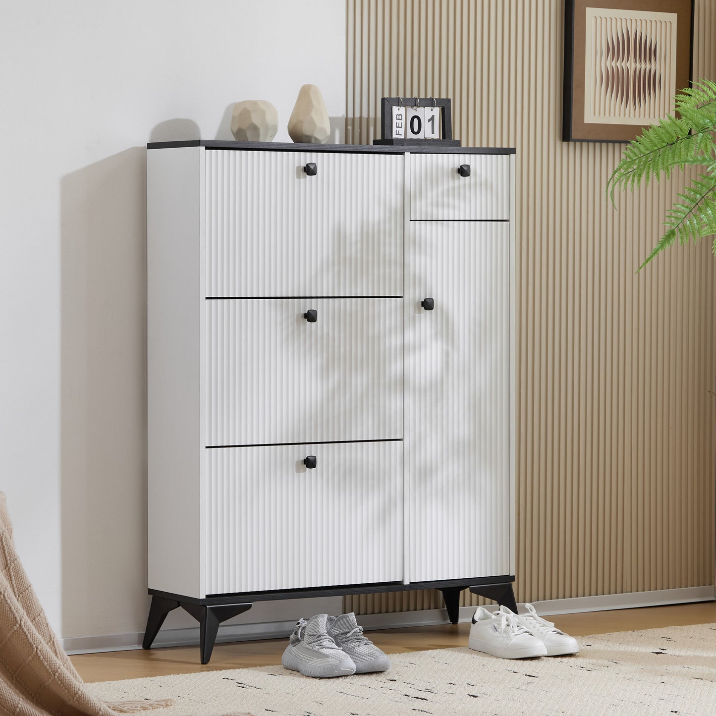 White Narrow Shoe Cabinet with 3 Flaps, 1 Drawer, and 1 Door