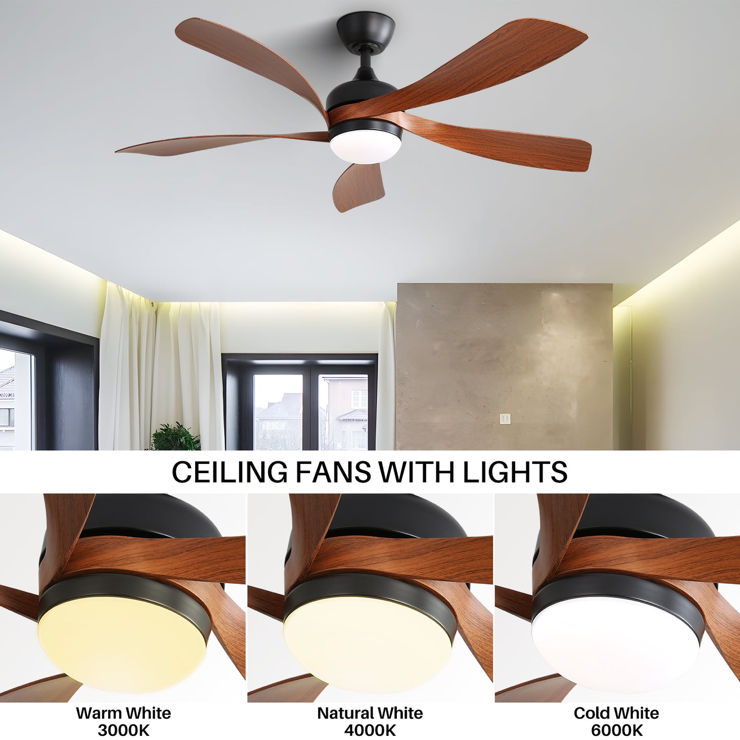 52" Modern Ceiling Fan with 3-Color Dimmable LED Light, 5 ABS Blades, Remote Control & Reversible DC Motor in Black