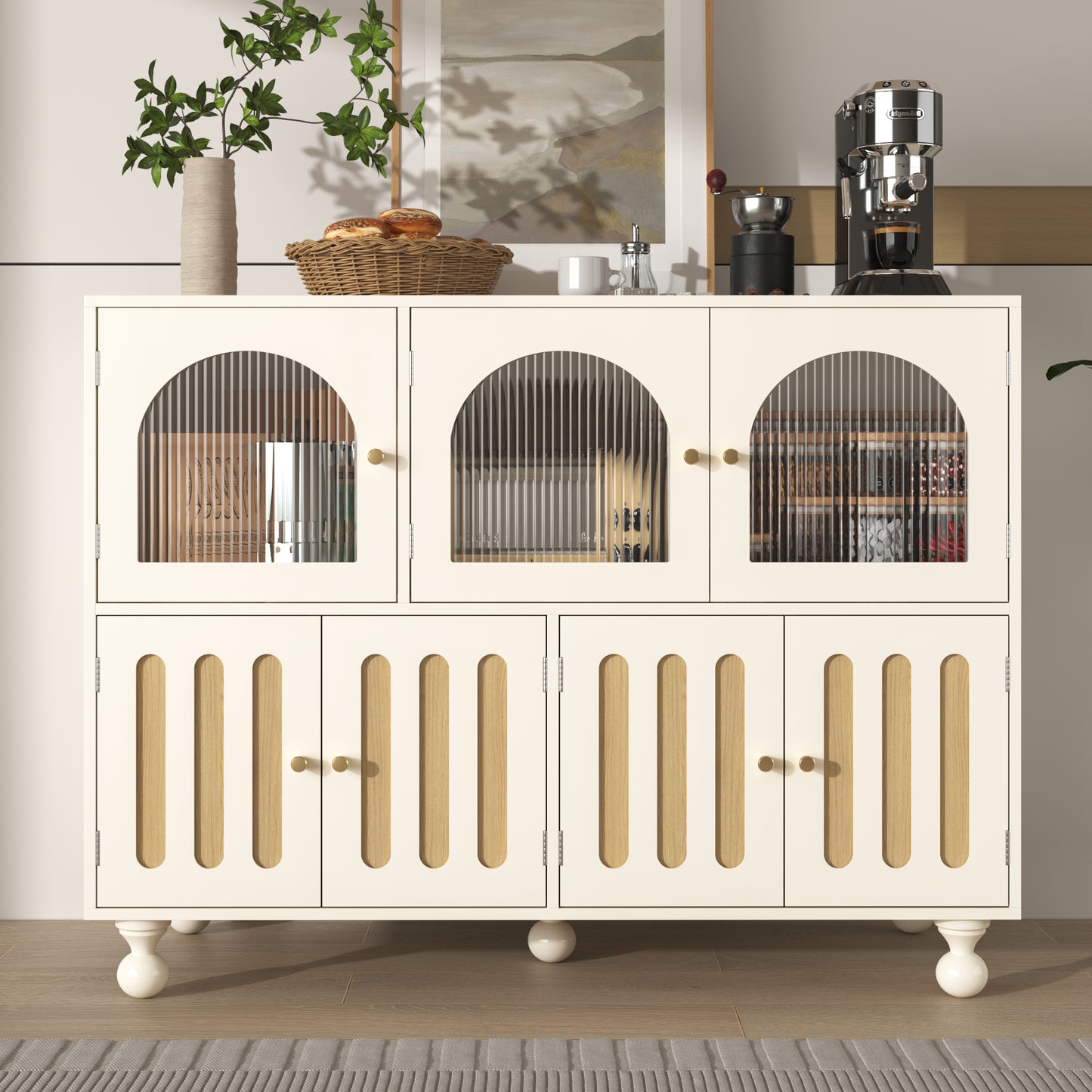 Elegant White Sideboard with Rainbow Glass-Piano Key Doors