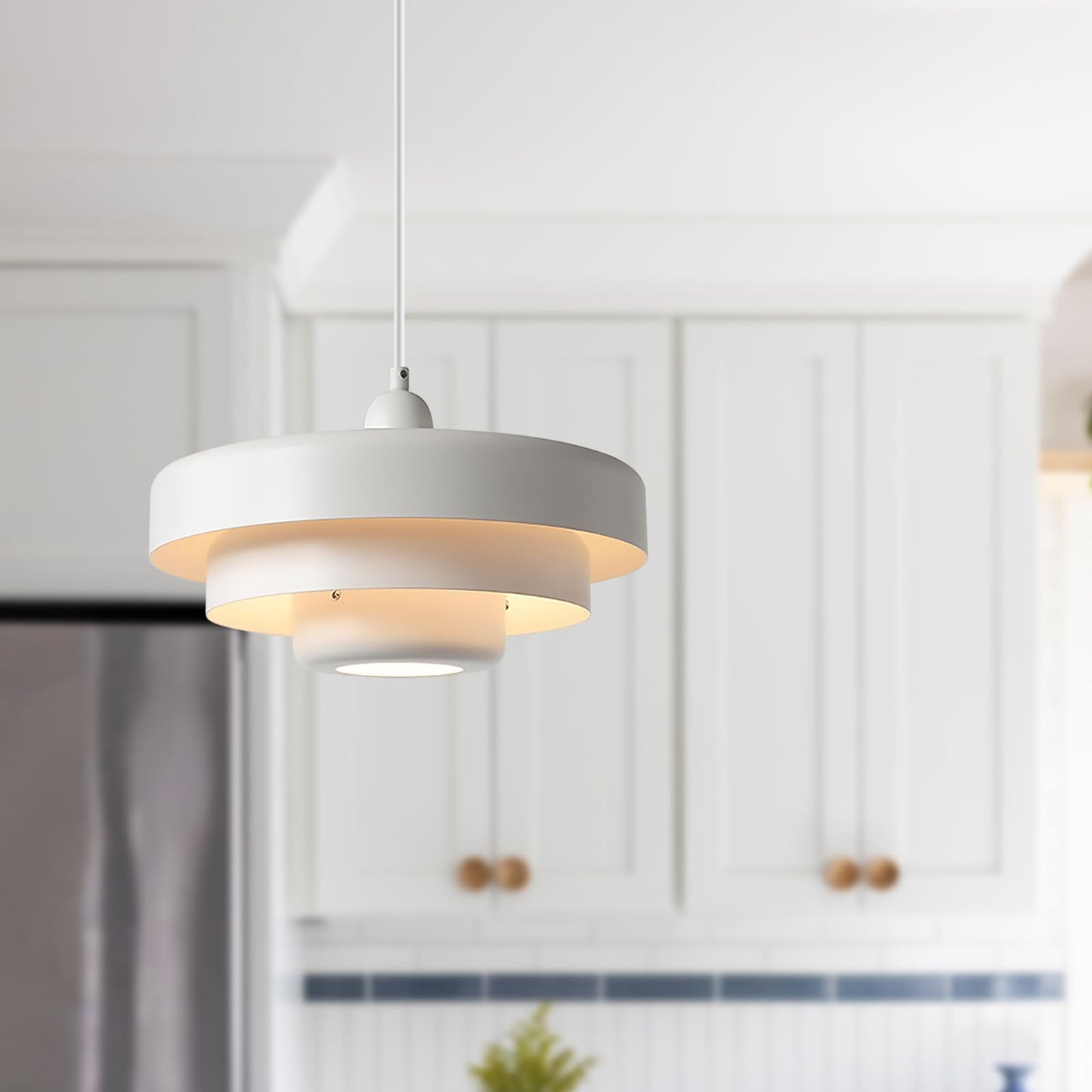 (Y)13.8 Inch Pendant Light White Mid Century Modern Pendant Ceiling Light Strip 3 Tier Metal Shade, Adjustable Scandinavian Pendant Light for Dining Room Living Room Hallway