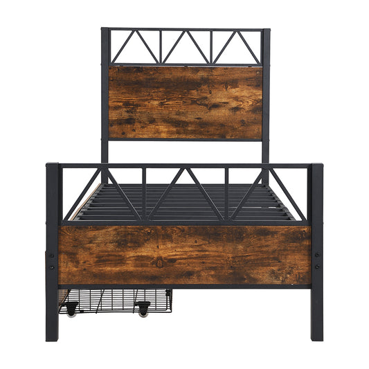 Vintage-Style Metal Kids Bed with Storage Drawers - Black & Walnut, 90x200 cm