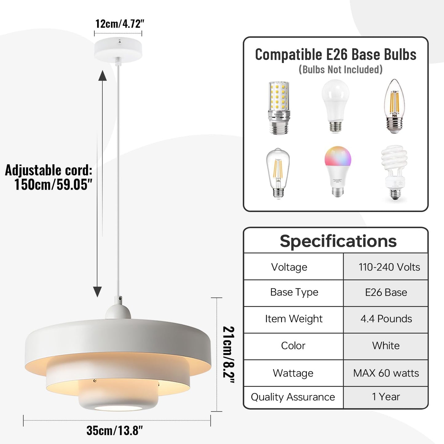 (Y)13.8 Inch Pendant Light White Mid Century Modern Pendant Ceiling Light Strip 3 Tier Metal Shade, Adjustable Scandinavian Pendant Light for Dining Room Living Room Hallway