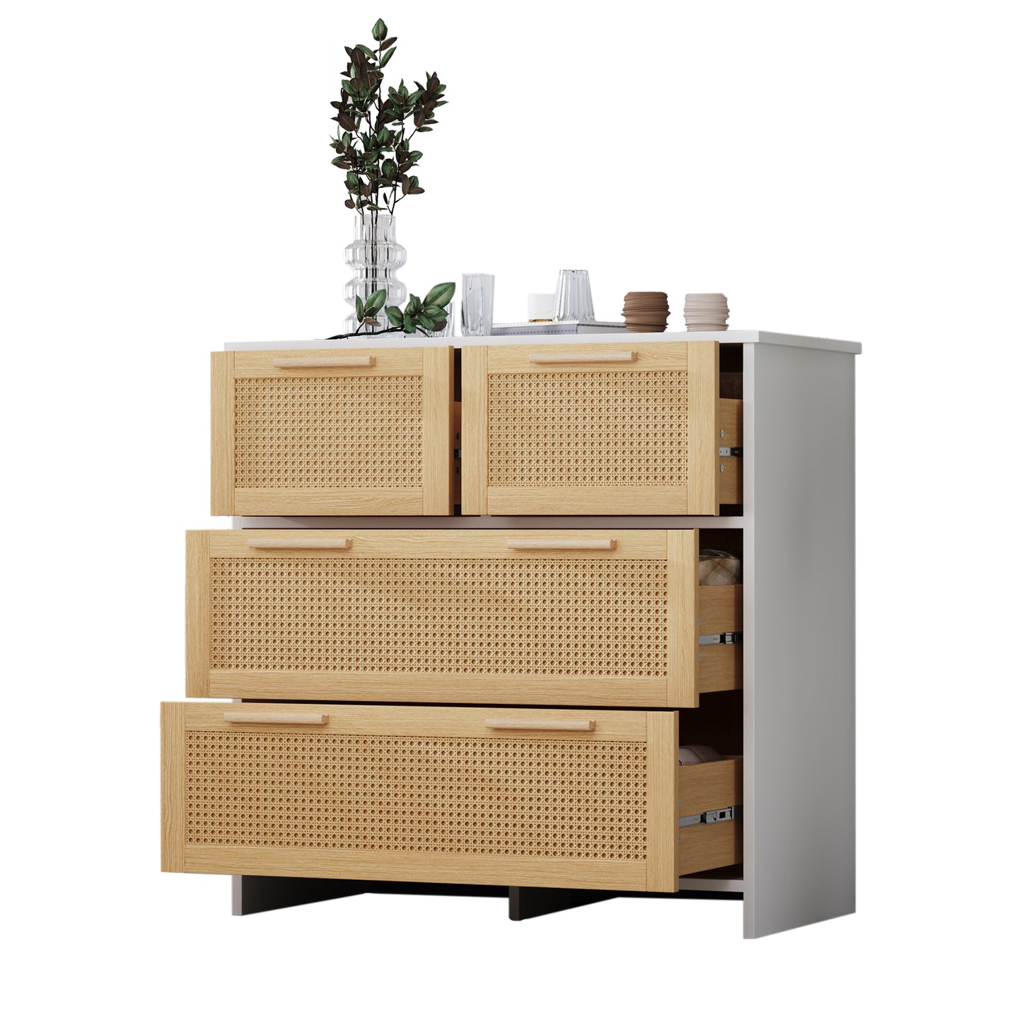 Elegant 4-Drawer Rattan Cabinet with Solid Wood Handles - Versatile Storage for Home