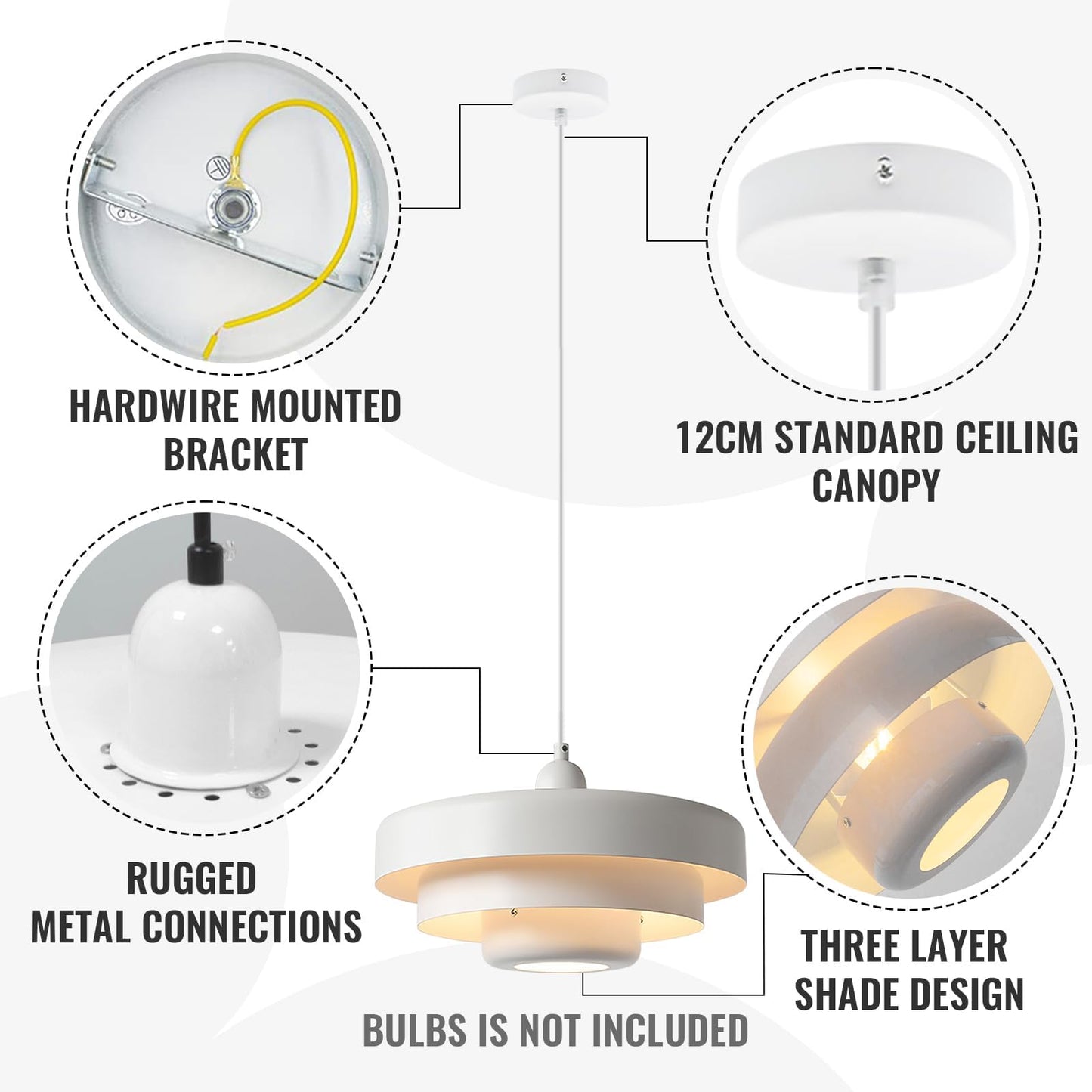 (Y)13.8 Inch Pendant Light White Mid Century Modern Pendant Ceiling Light Strip 3 Tier Metal Shade, Adjustable Scandinavian Pendant Light for Dining Room Living Room Hallway