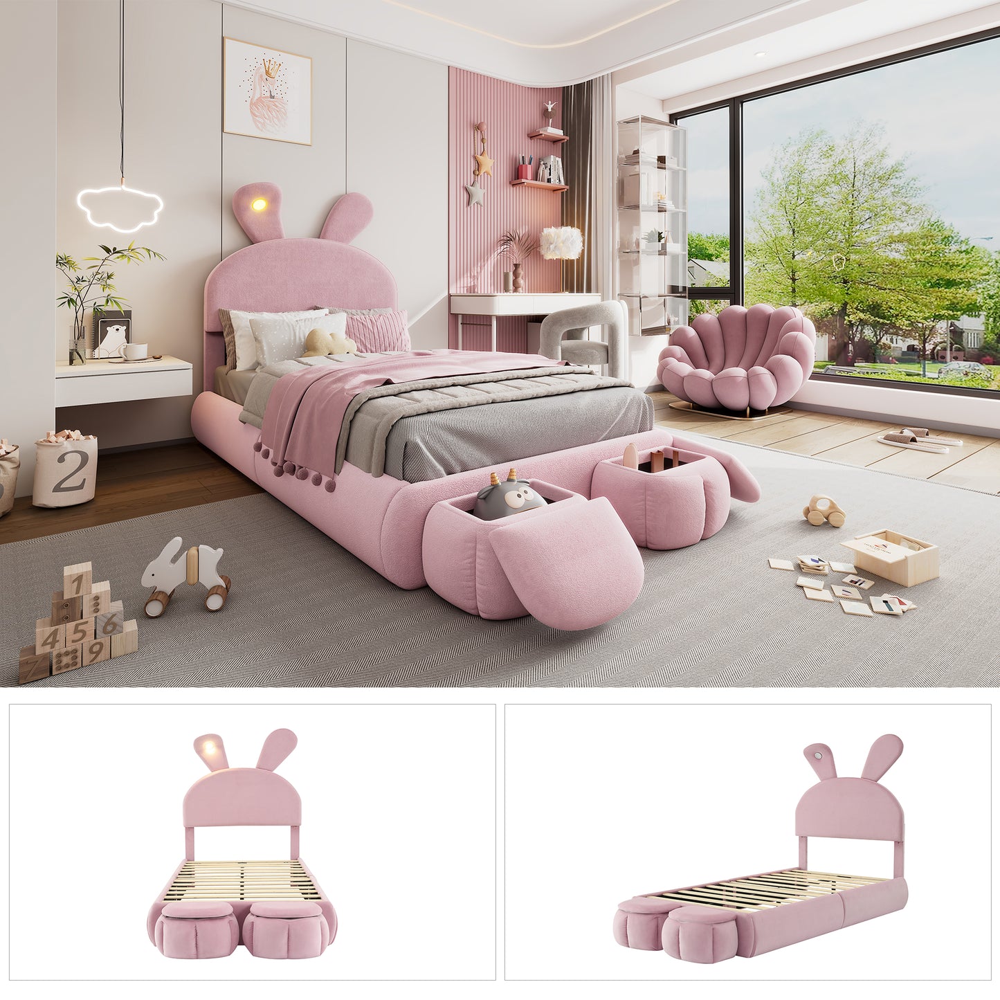 (Z)Upholstered bed Single bed Bunny Ears With Adjustable Brightness Warm-Coloured Light Strips With Two Storage Stools Children's Bed With Wooden Slats Velvet Pink 90x200CM