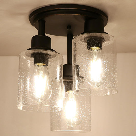 (Y)Semi Recessed Ceiling Lights, 3 Lights Near Ceiling Fixture, Matte Black Kitchen Light Fixture With Clear Glass Shade, Hallway Light Fixture Ceiling Mount Foyer Entrance Way