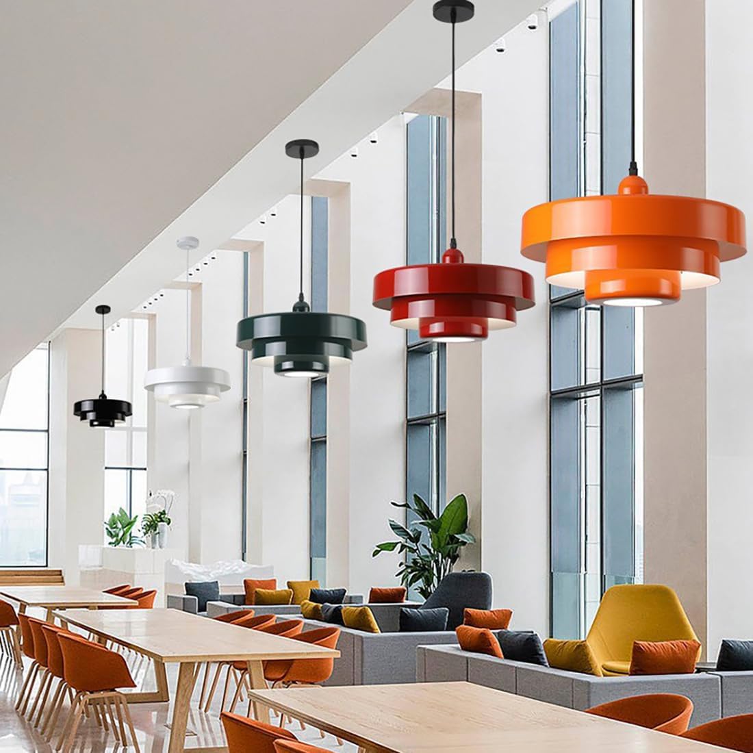 (Y)13.8 Inch Pendant Light White Mid Century Modern Pendant Ceiling Light Strip 3 Tier Metal Shade, Adjustable Scandinavian Pendant Light for Dining Room Living Room Hallway