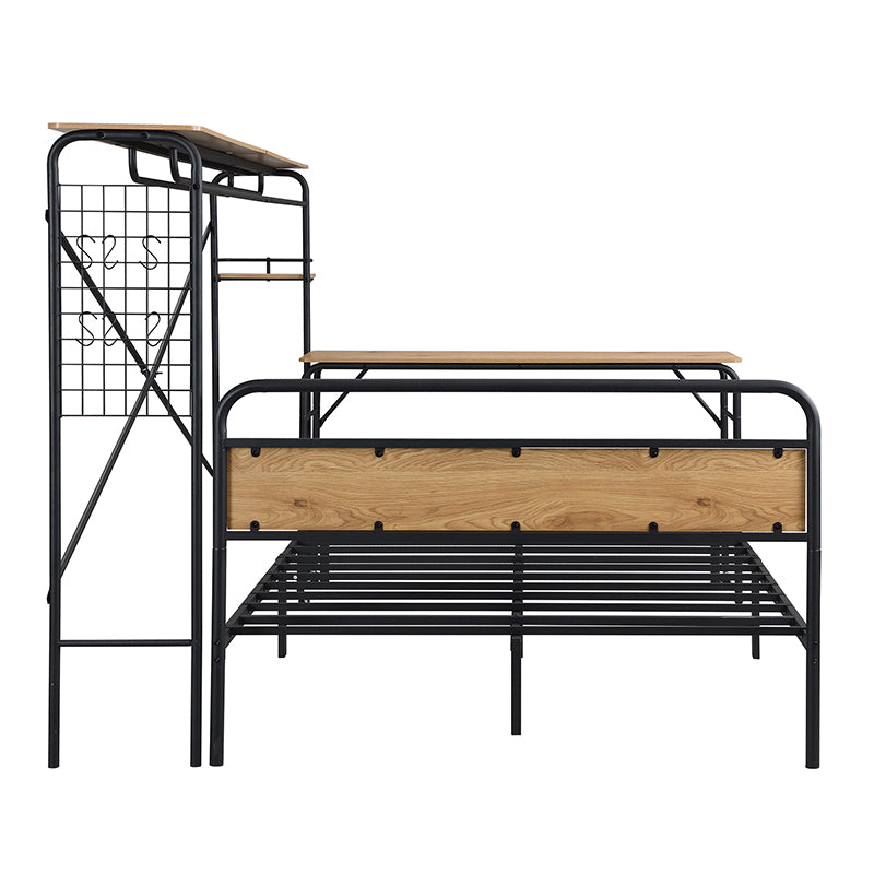 Black Metal Bed with Table, Vertical Coat Rack, and Storage - 140x200 cm