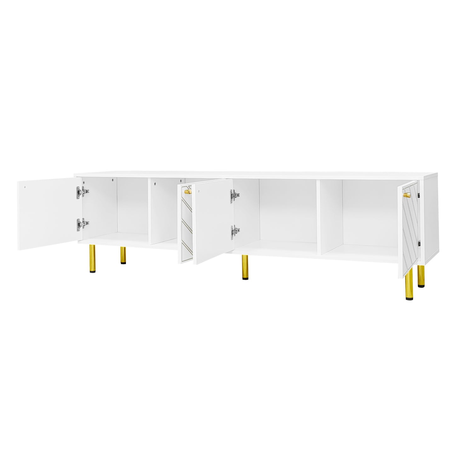 Elegant White 4-Door TV Cabinet with Gold Hardware for Versatile Interiors