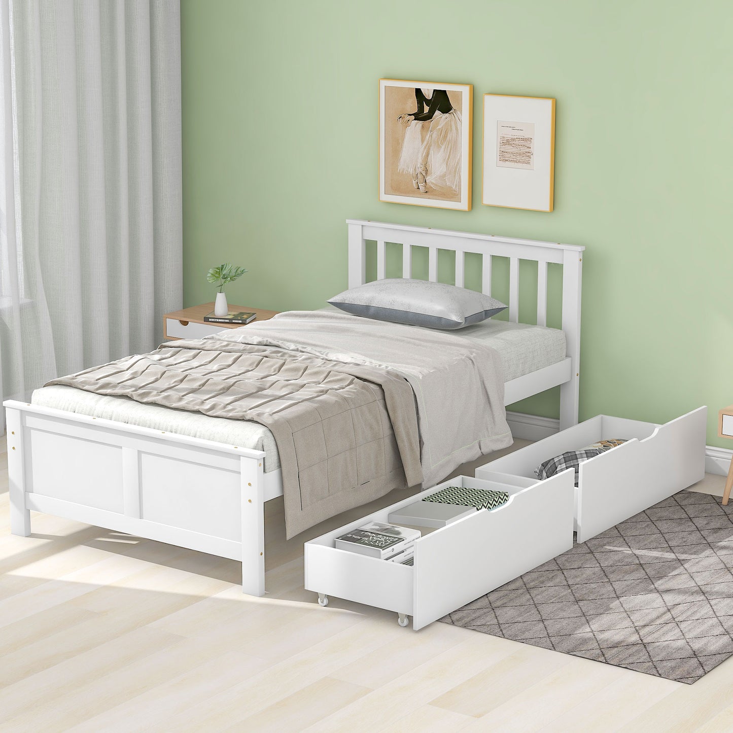 White Wooden Single Bed with Storage Drawers - Pinewood Frame-90x200cm