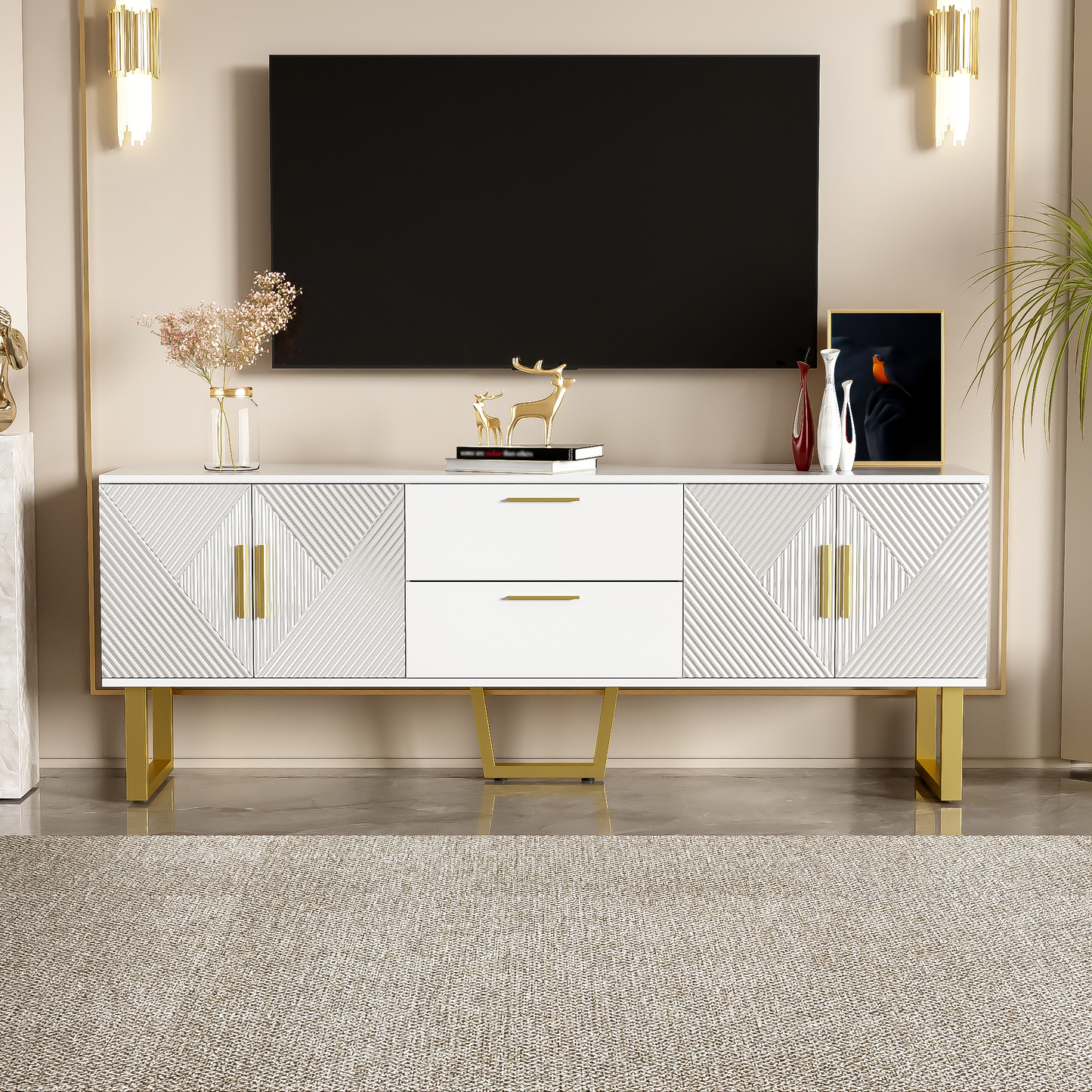 170cm White High Gloss TV Cabinet with 4 Doors-2 Drawers