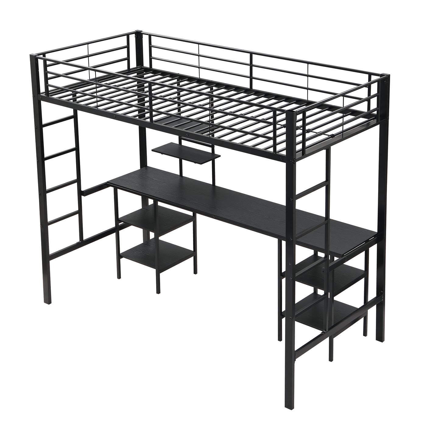 Black Iron and MDF Bunk Bed with Table and Shelves - Children's Safety Bed