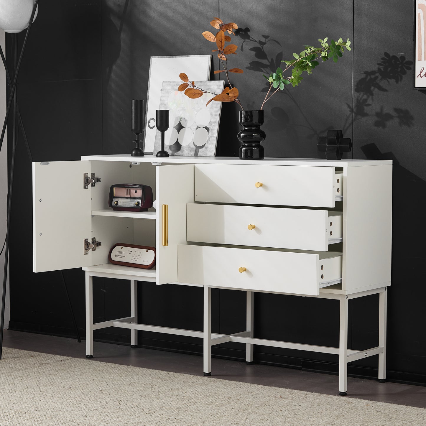 Elegant White Sideboard Cabinet with 2 Doors & 3 Drawers, Gold Handles, Metal Feet, 120cm Wide