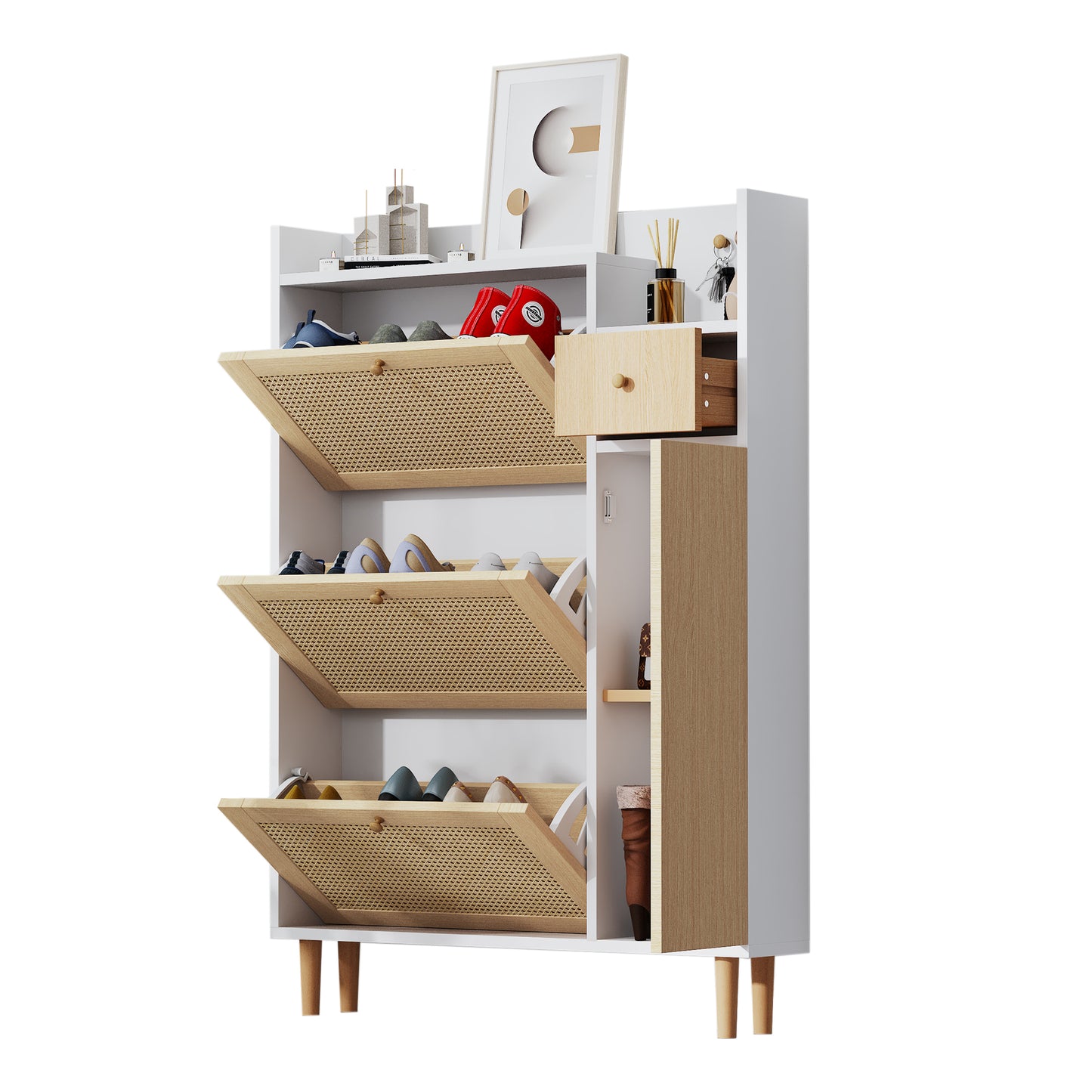 Space-Saving Rattan Shoe Cabinet with 3 Tilt Doors and 1 Drawer