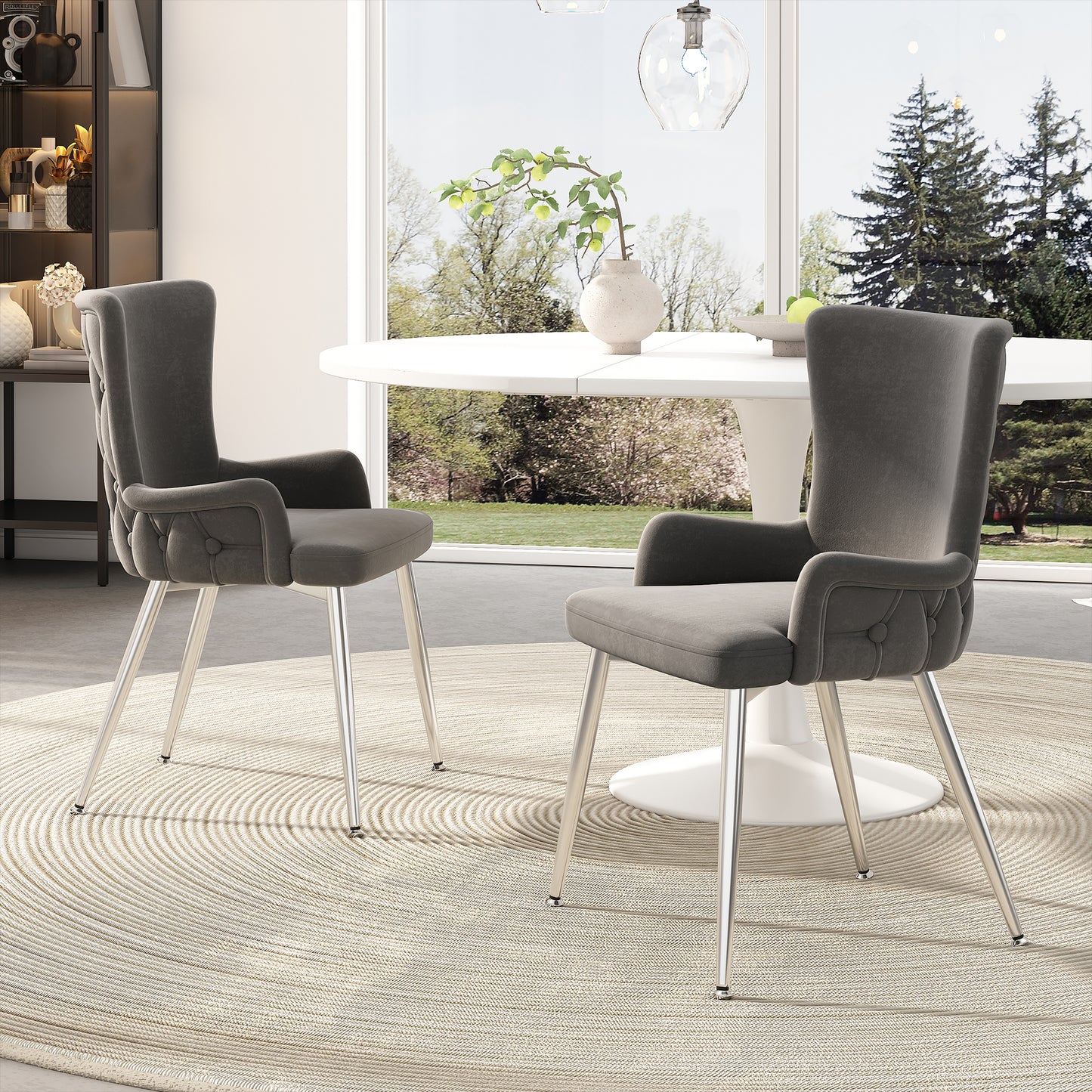 Luxury Grey Velvet Dining Chair Set of 2 with Silver Metal Legs