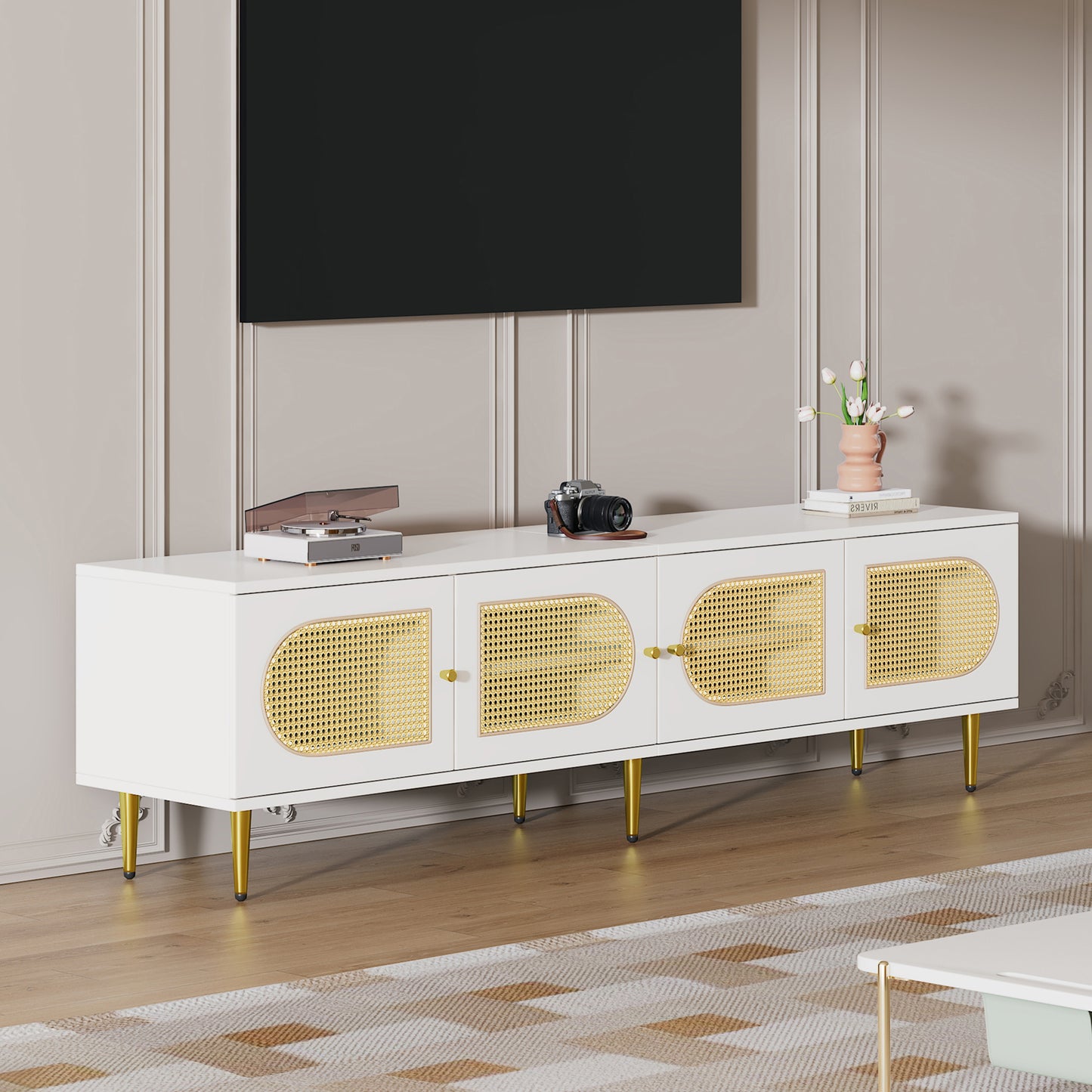 180x40x50 cm White Rattan TV Cabinet - 4 Doors, Adjustable Shelves, Cable Mgmt