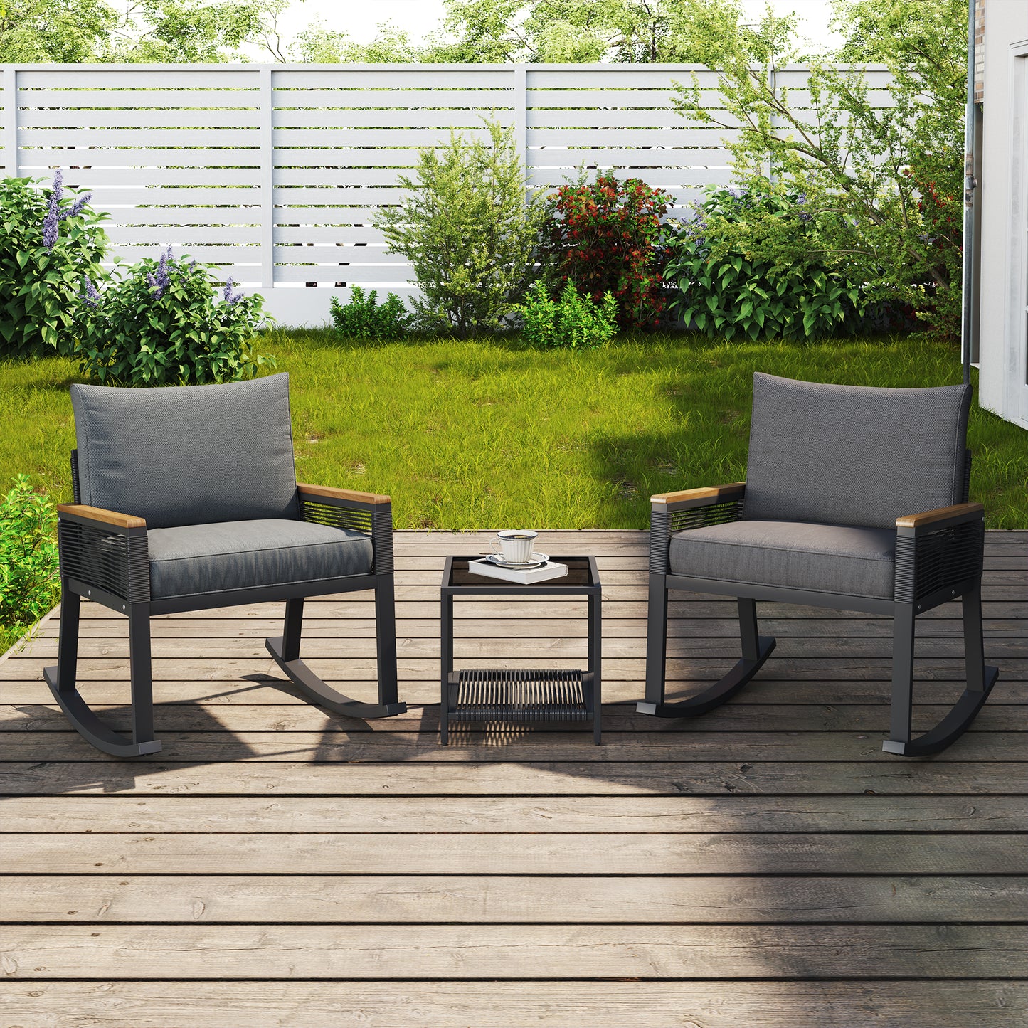 3-piece set, rope rocking chair set, glass coffee table with seat cushion and backrest, suitable for garden, terrace