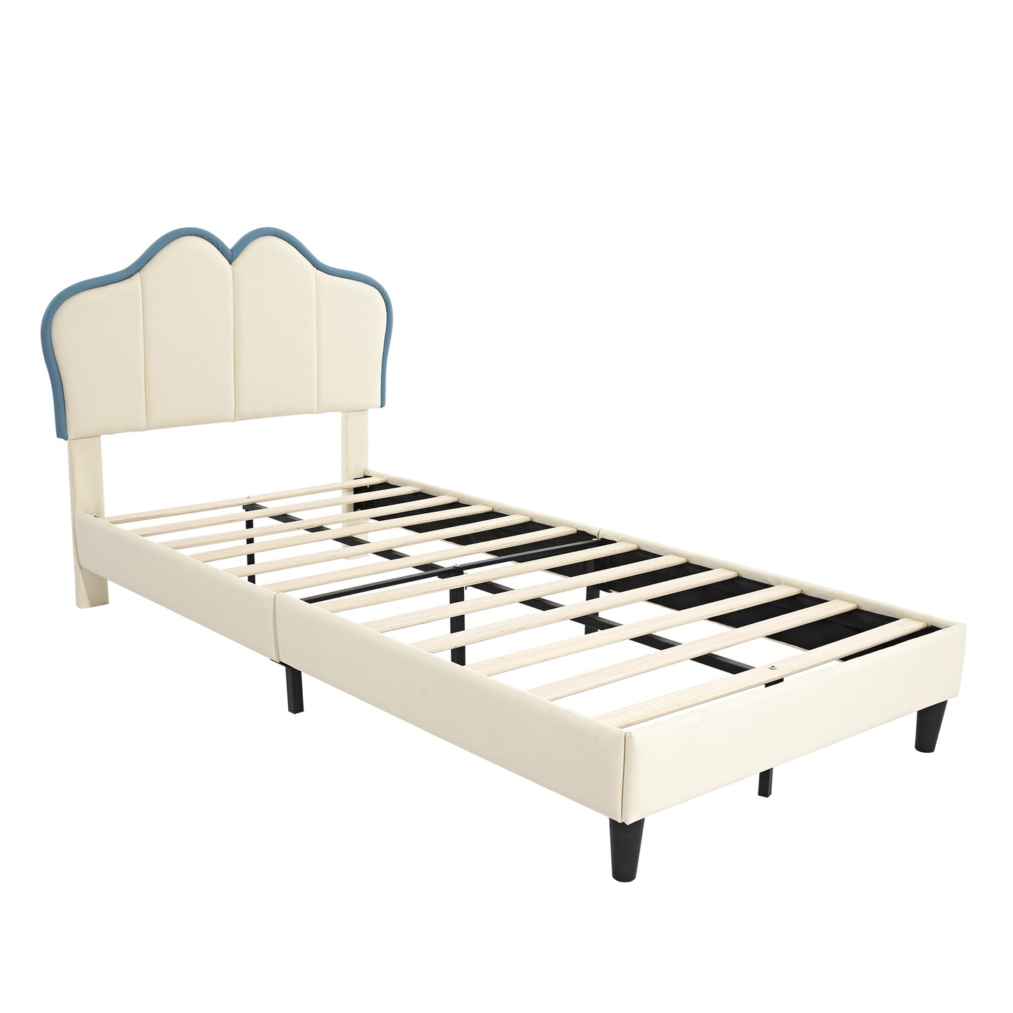 White-Blue PU Upholstered Children's Single Bed with Padded Headboard