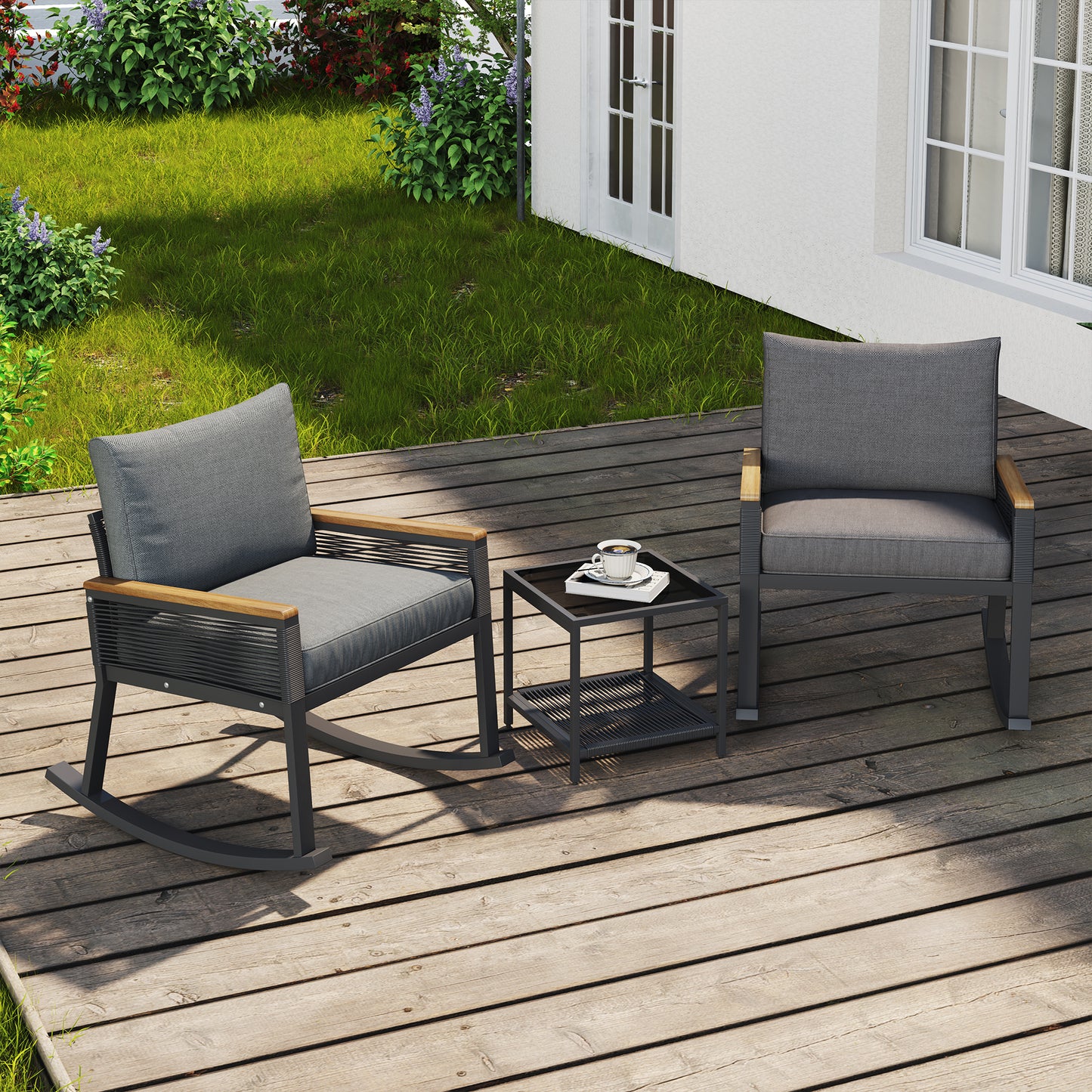 3-piece set, rope rocking chair set, glass coffee table with seat cushion and backrest, suitable for garden, terrace
