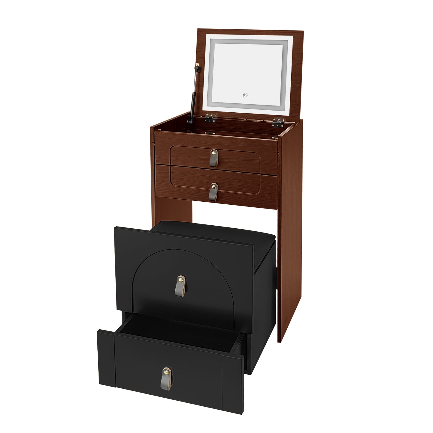 Multifunctional Black-Brown Dressing Table with LED-lit Mirror and Storage Stool