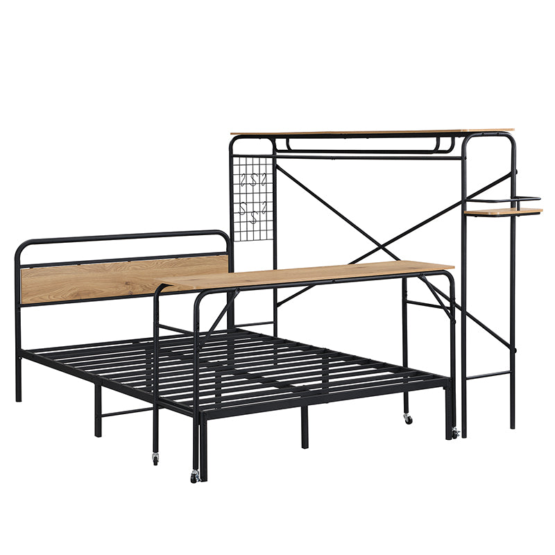 Black Metal Bed with Table, Vertical Coat Rack, and Storage - 140x200 cm