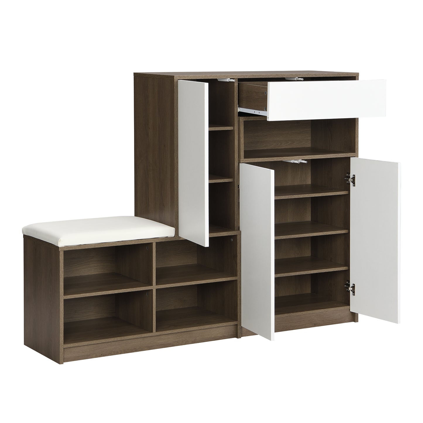 White Multifunctional Shoe Storage Bench with Padded Seat and Adjustable Shelves, Hallway Shoe Cabinet