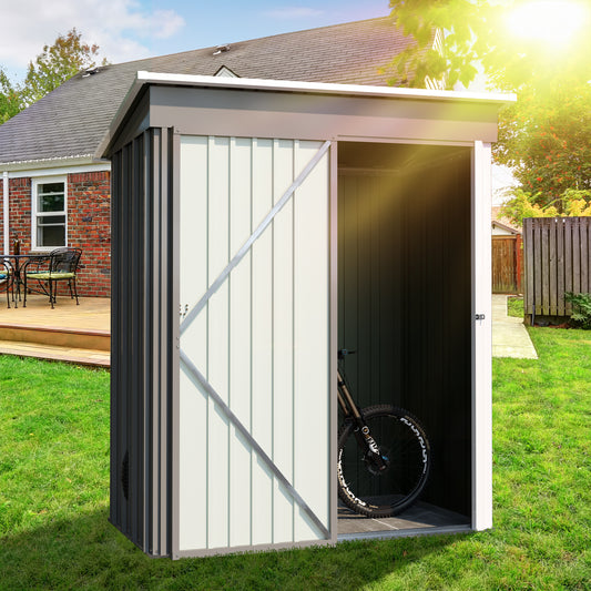 Gray Large Metal Tool Shed with Sloping Roof, Lockable Door, 155x86x180cm for Garden, Terrace & Lawn