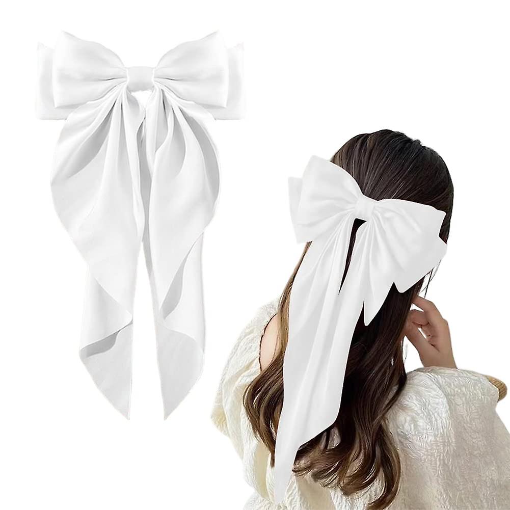 (Y)2pcs Large Hair Bow Clips For Women Girls, Silky Satin Hair Barrettes With Long Ribbon Tail Hair Bows Slides Wedding Hair